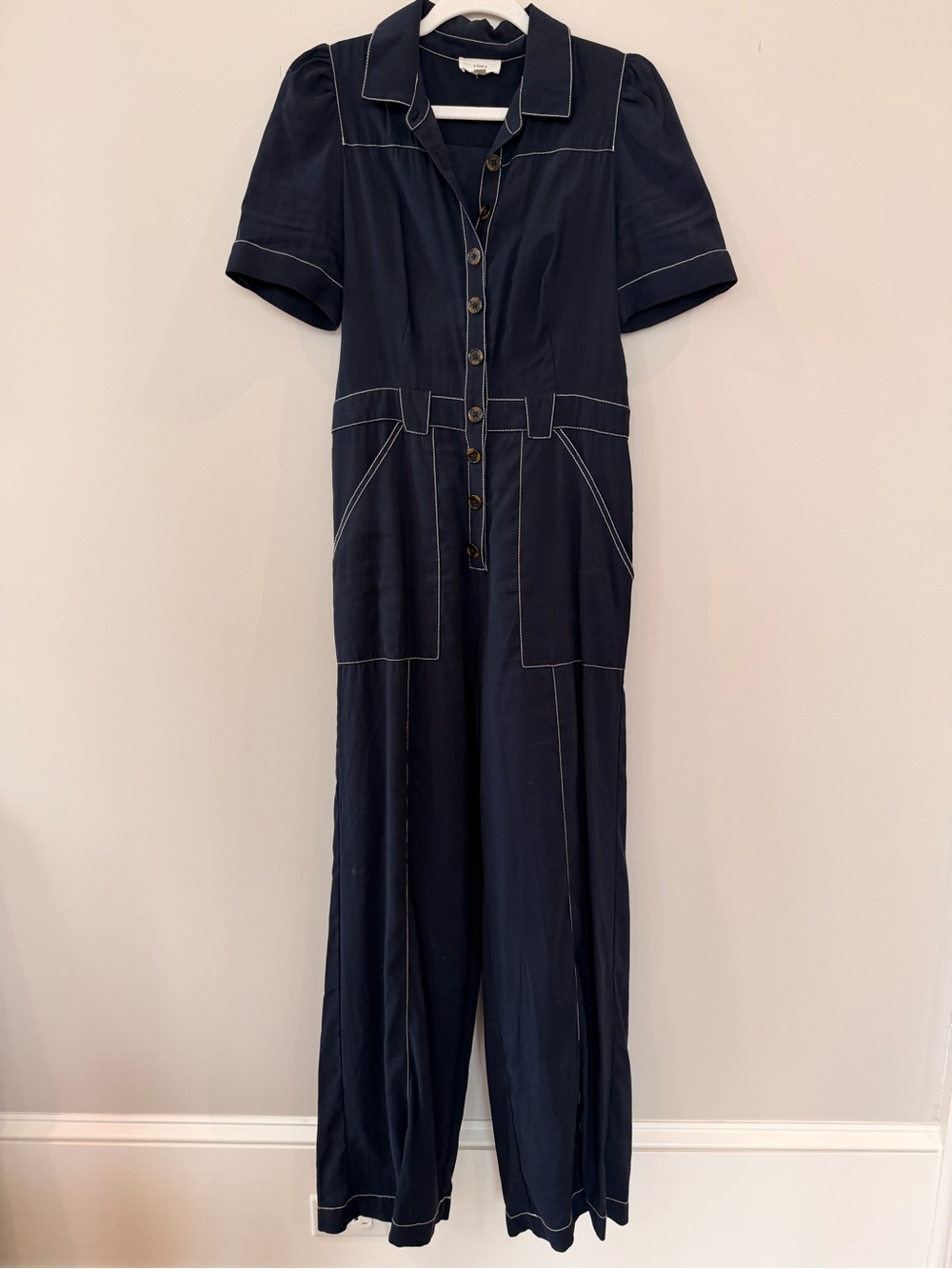 Navy Button-Front Jumpsuit with Contrast Stitching
